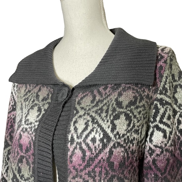 Cotton Blend Fair Isle Cardigan L Vintage VTG Ombre Collared Sweater Purple Gray - Picture 2 of 13
